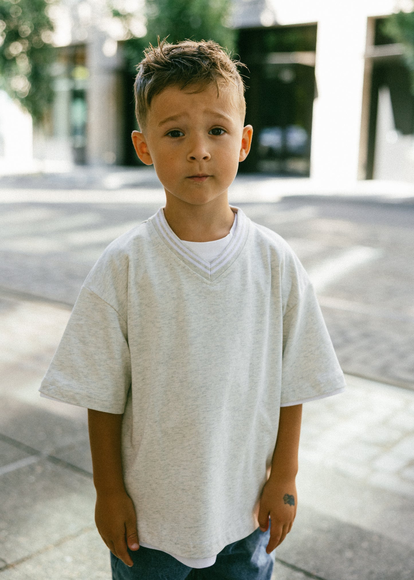 Varsity V-Neck Tee- Gray Melange