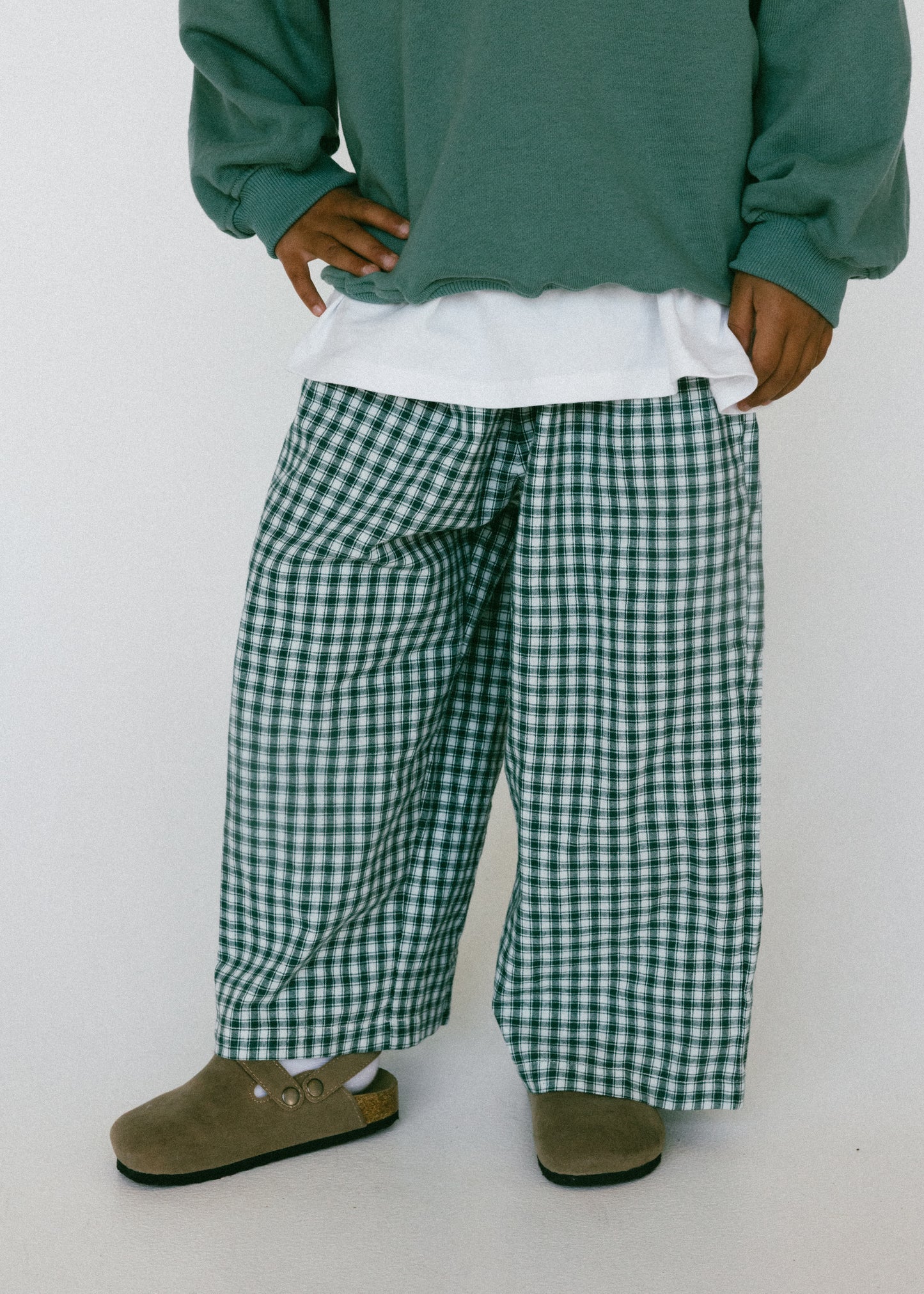 Lightweight Check Plaid Pants- Dark Green