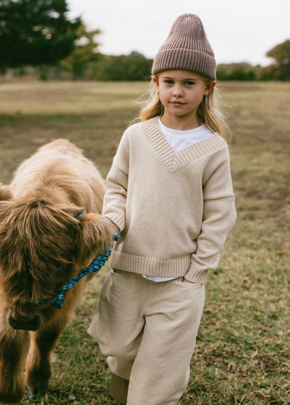 Knitted V-Neck Sweater- Oat