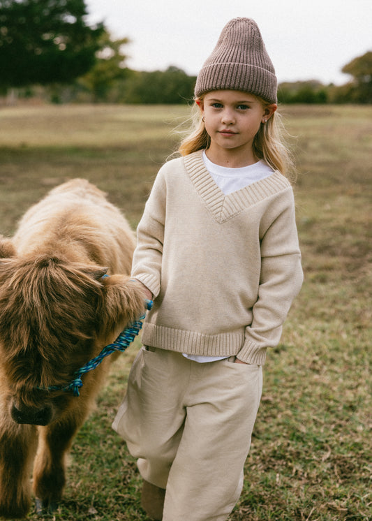 Knitted V-Neck Sweater- Oat
