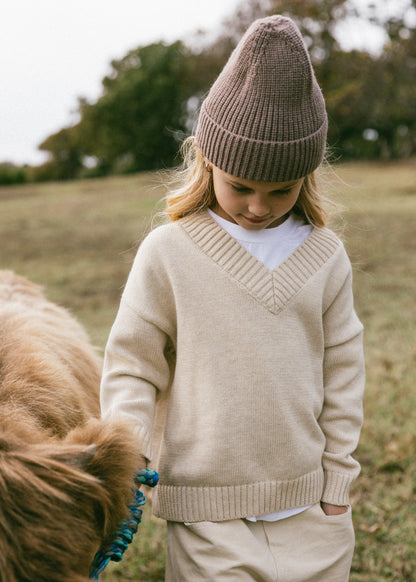 Knitted V-Neck Sweater- Oat