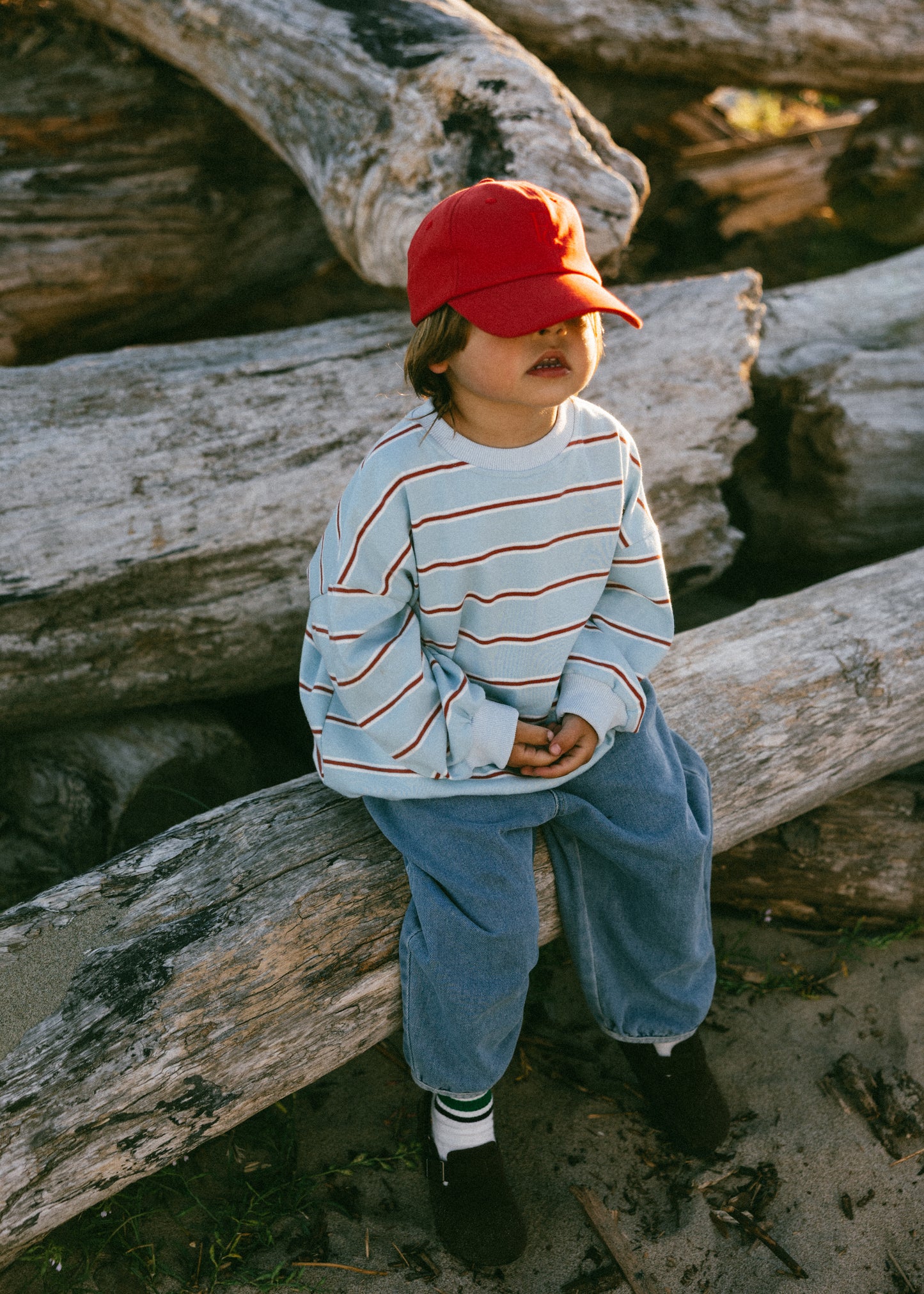 Lightweight Striped Crewneck- Light Blue