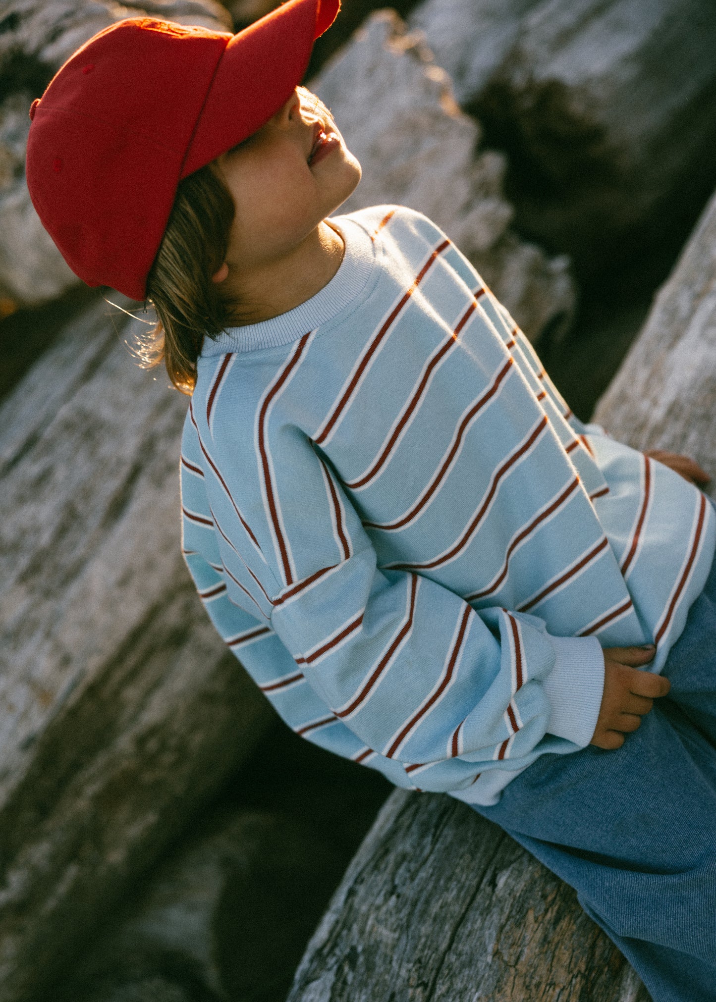 Lightweight Striped Crewneck- Light Blue