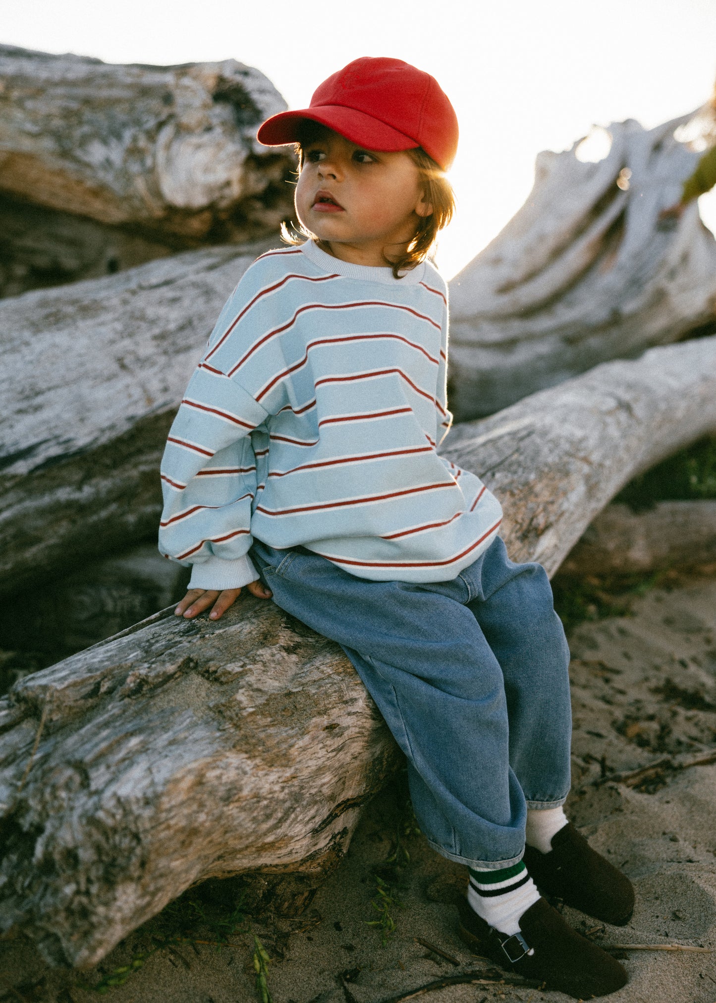 Lightweight Striped Crewneck- Light Blue