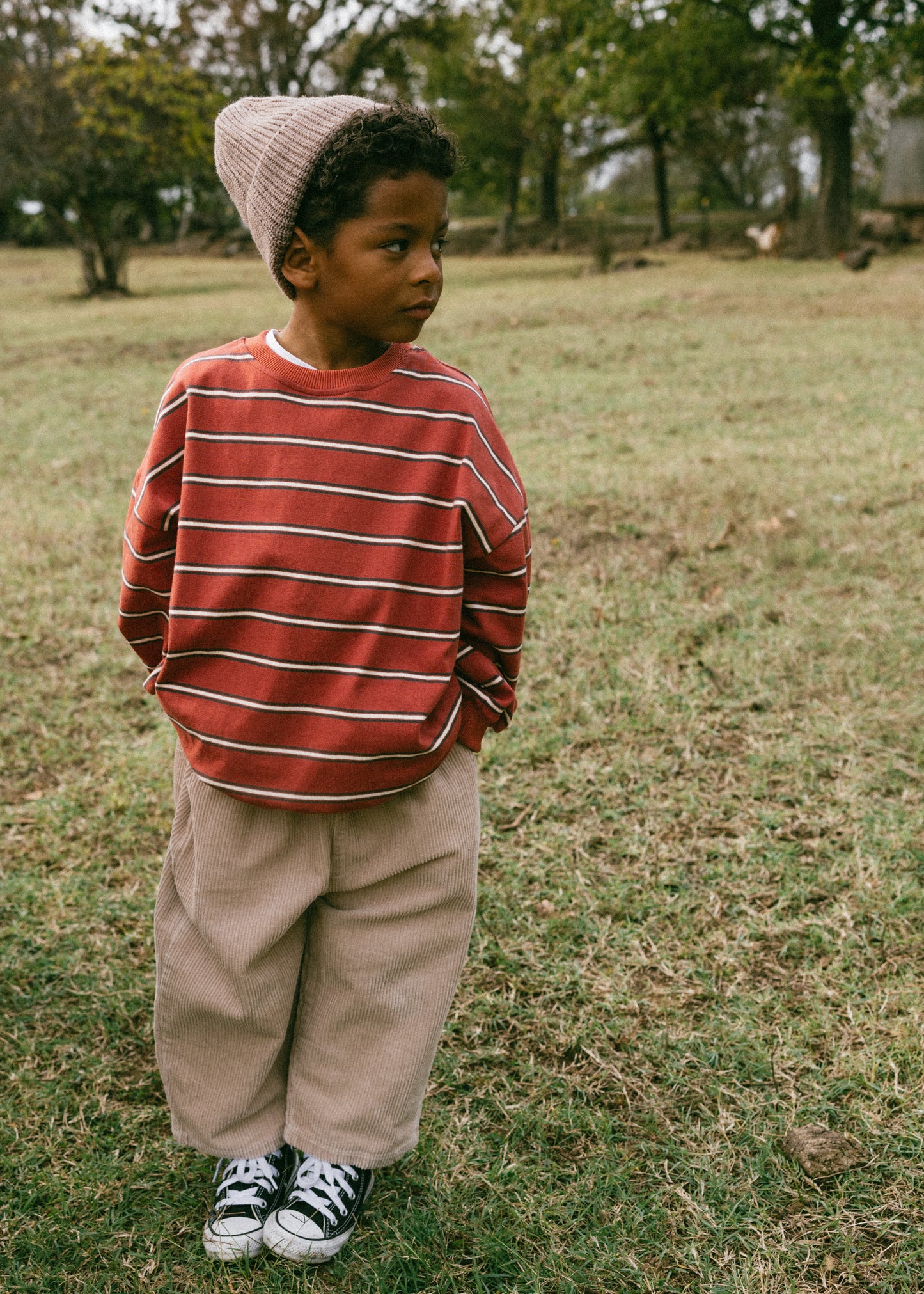 Lightweight Striped Crewneck- Rust Red