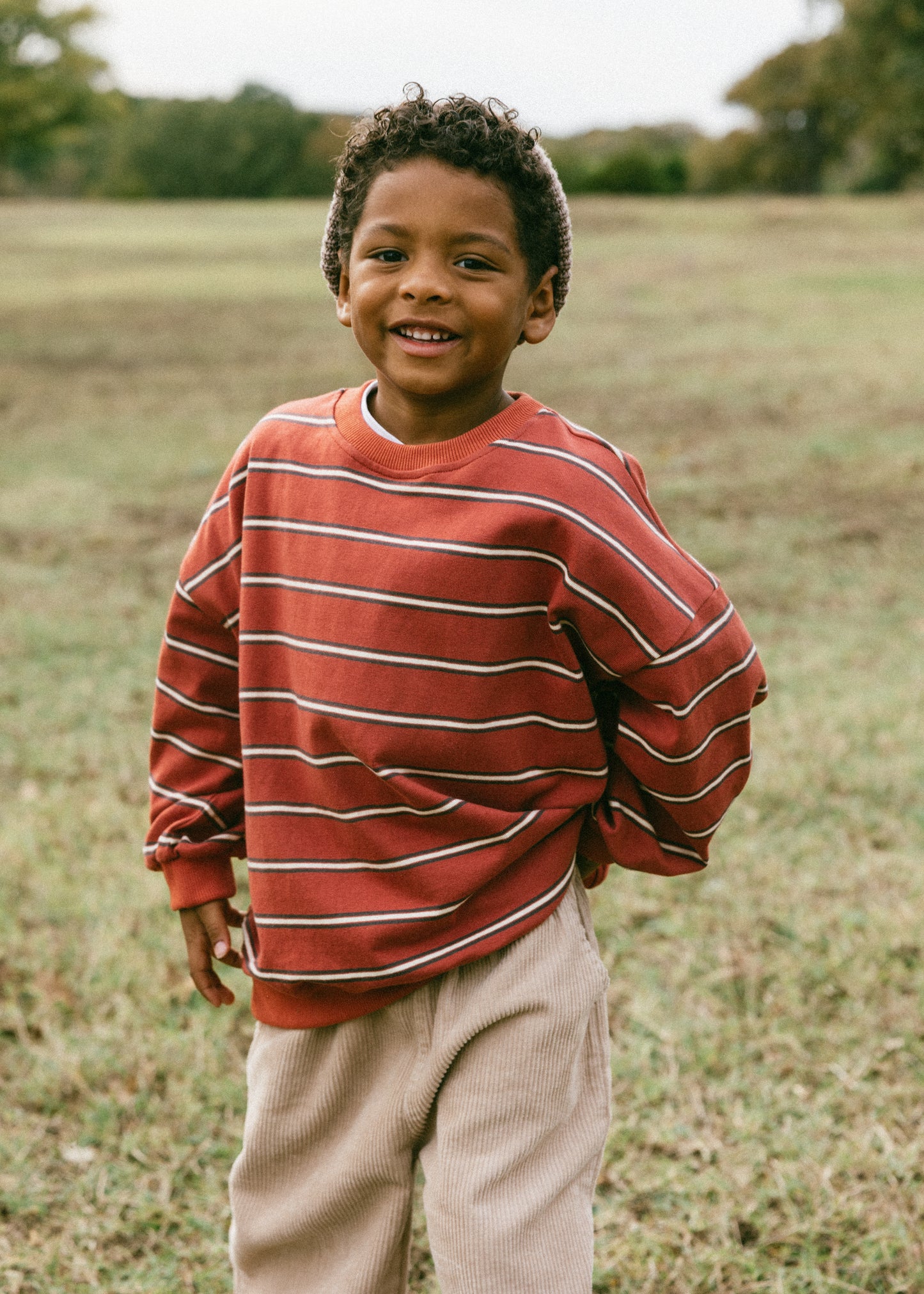 Lightweight Striped Crewneck- Rust Red