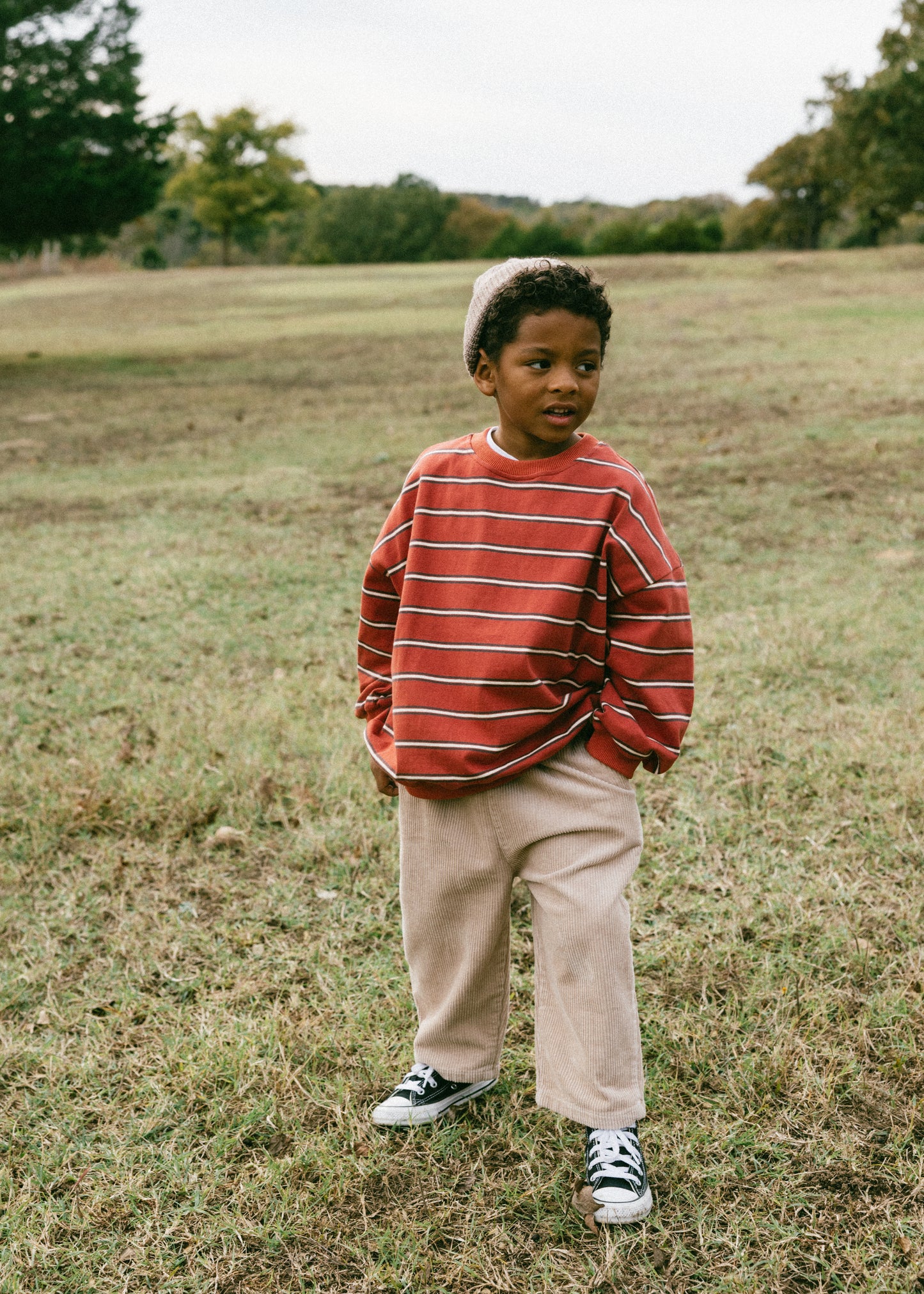 Lightweight Striped Crewneck- Rust Red