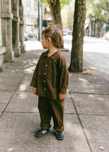 Grid Button Up- Brown