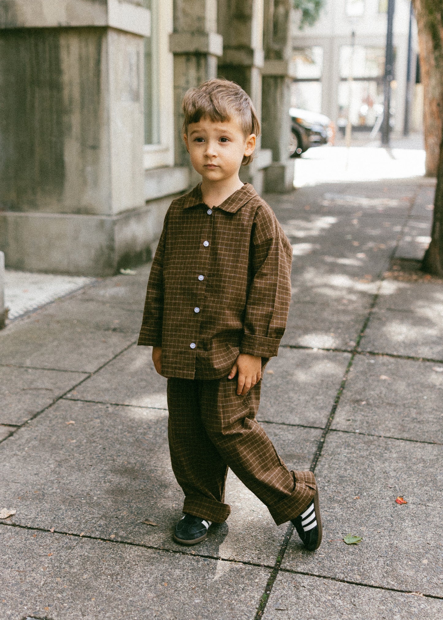 Grid Button Up- Brown