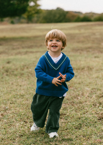 Knitted V-Neck Sweater- Blue