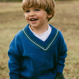 Knitted V-Neck Sweater- Blue