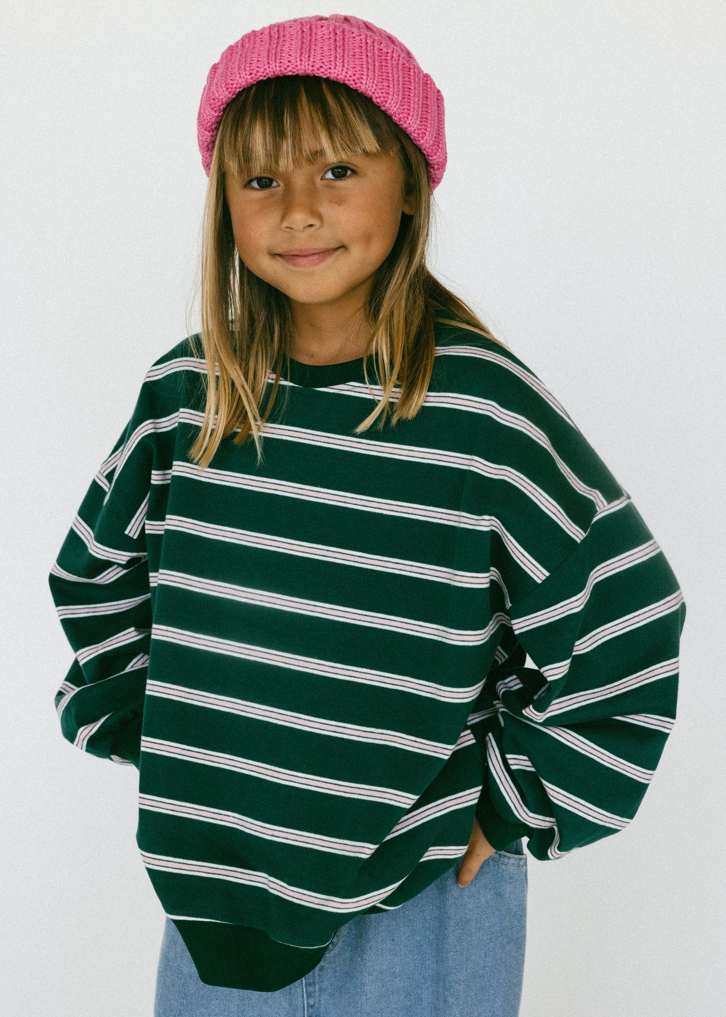 Lightweight Striped Crewneck- Green