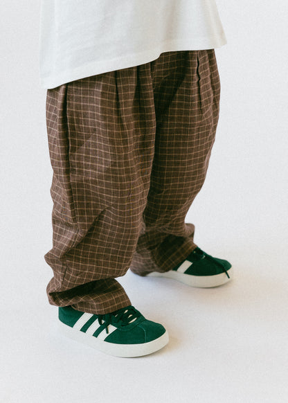 Baggy Linen Check Pants - Brown