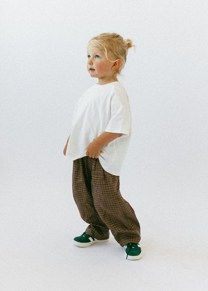 Baggy Linen Check Pants - Brown