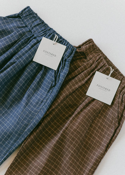 Baggy Linen Check Pants - Brown