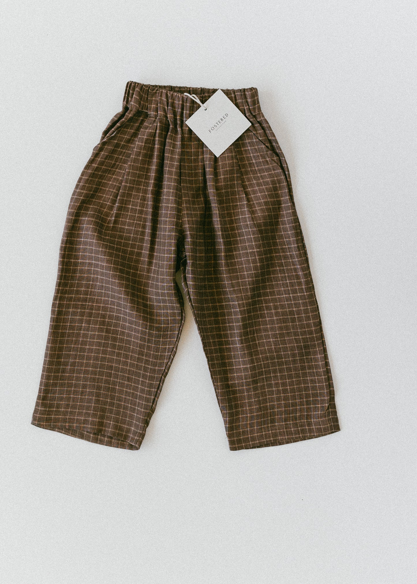 Baggy Linen Check Pants - Brown