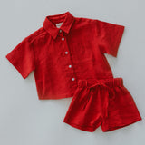 Linen Button Up Set- Red