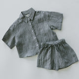 Linen Button Up Set- Check Dusty Blue