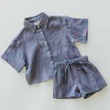 Linen Button Up Set- Gingham Plum & Sea