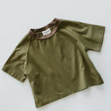 Contrast Collar Baggy Tee- Olive & Brown