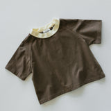 Contrast Collar Baggy Tee- Brown & Cream