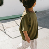 Contrast Collar Baggy Tee- Olive & Brown