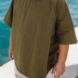 Contrast Collar Baggy Tee- Olive & Brown