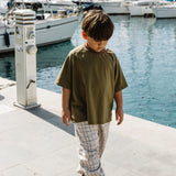 Contrast Collar Baggy Tee- Olive & Brown