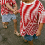 Waffle Stripe Tee- Red & Cream
