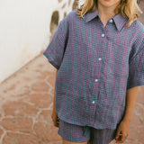 Linen Button Up Set- Gingham Plum & Sea