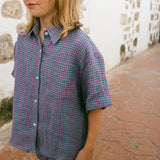 Linen Button Up Set- Gingham Plum & Sea
