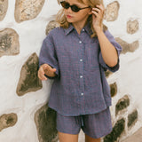 Linen Button Up Set- Gingham Plum & Sea