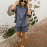 Linen Button Up Set- Gingham Plum & Sea