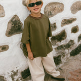 Contrast Collar Baggy Tee- Olive & Brown