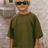 Contrast Collar Baggy Tee- Olive & Brown