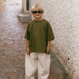 Contrast Collar Baggy Tee- Olive & Brown