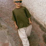 Contrast Collar Baggy Tee- Olive & Brown