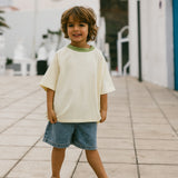 Contrast Collar Baggy Tee- Butter & Light Olive