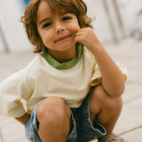 Contrast Collar Baggy Tee- Butter & Light Olive