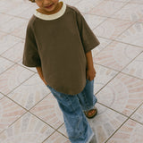 Contrast Collar Baggy Tee- Brown & Cream