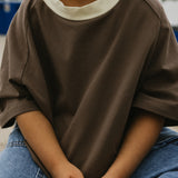 Contrast Collar Baggy Tee- Brown & Cream