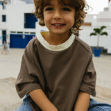 Contrast Collar Baggy Tee- Brown & Cream