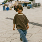 Contrast Collar Baggy Tee- Brown & Cream
