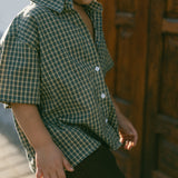 Boxy Button Up- Blue & Olive