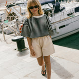 Waffle Stripe Tee- Navy & Cream