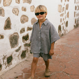 Linen Button Up Set- Check Dusty Blue