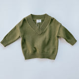 Knitted V-Neck Sweater- Olive