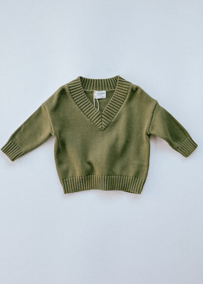 Knitted V-Neck Sweater- Olive