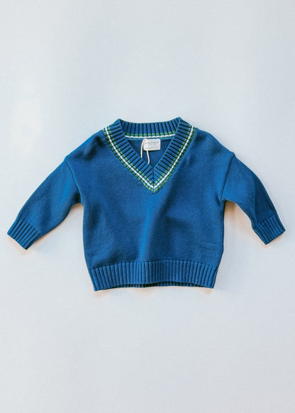 Knitted V-Neck Sweater- Blue