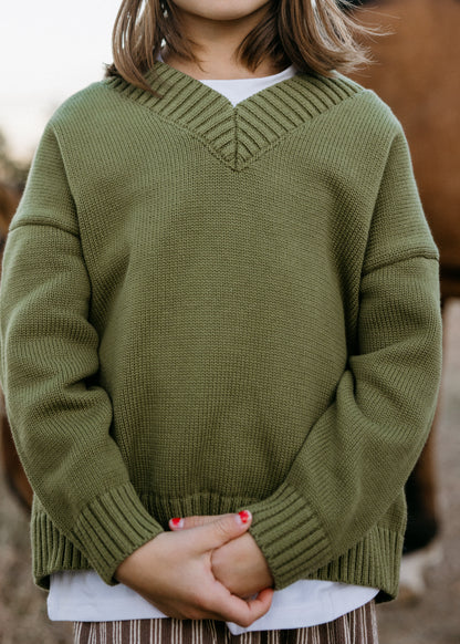 Knitted V-Neck Sweater- Olive